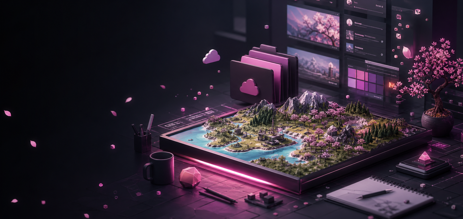Original BlackSakura open alpha artwork showing a game world, cloud folders, and community project screens
